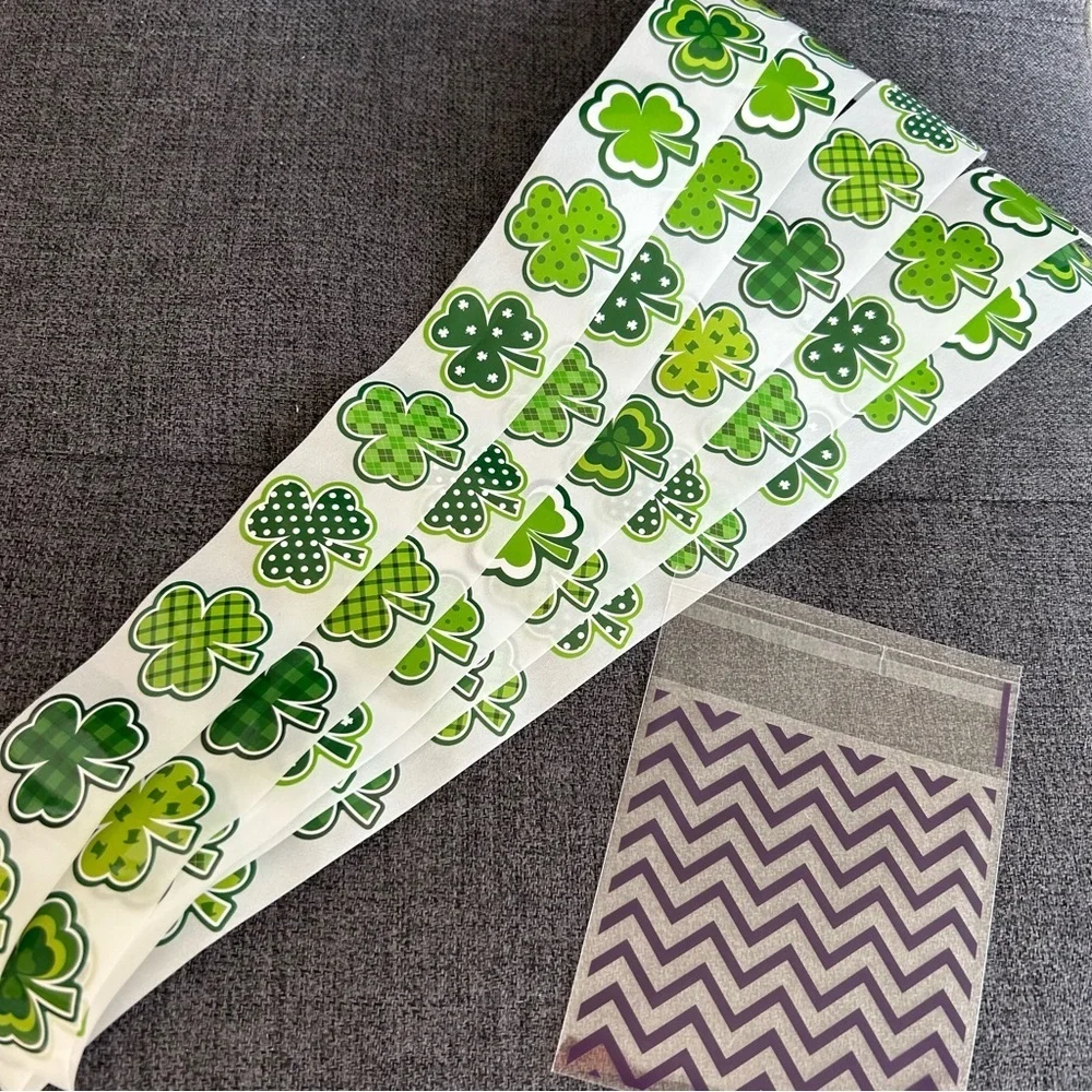 50 Count - Festive Shamrock, Clover Stickers, Variety, Green, White, 1.5 inches